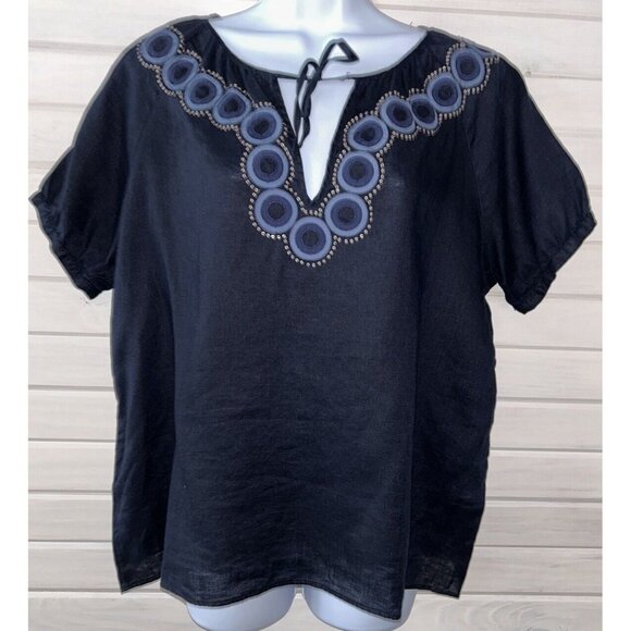 J. Crew Vintage Closet Sz 12 Navy Blue Peasant Blouse 100% Linen Sequins EUC - Picture 2 of 9